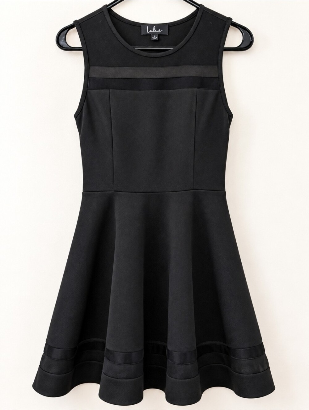 Lulus Black Skater Dress Women's Large Sleeveless Fit Flare Mesh Trim LBD Zipper